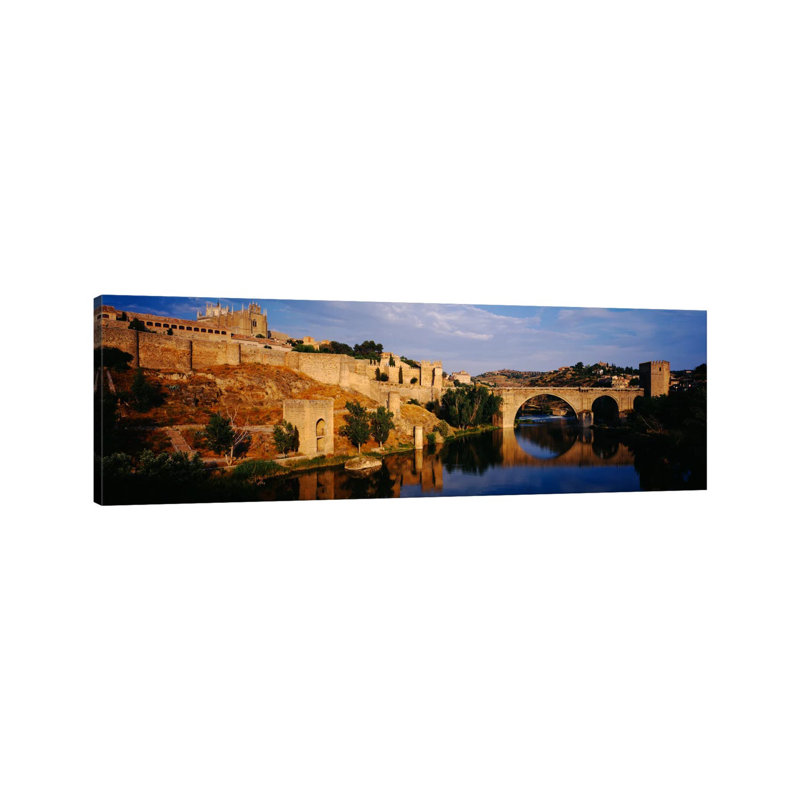 Historic Landscape Along Rio Tajo Featuring Puente De San Martin, Toledo, Spain 1 Piece Wrapped Canvas Panoramic Wall Art
