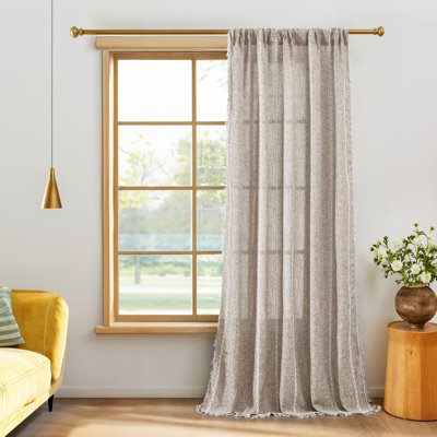 Semi Sheer Rod Pocket Curtain Panel with Tassel Fringe – Faux Linen Textured, Light Filtering, 1 Panel