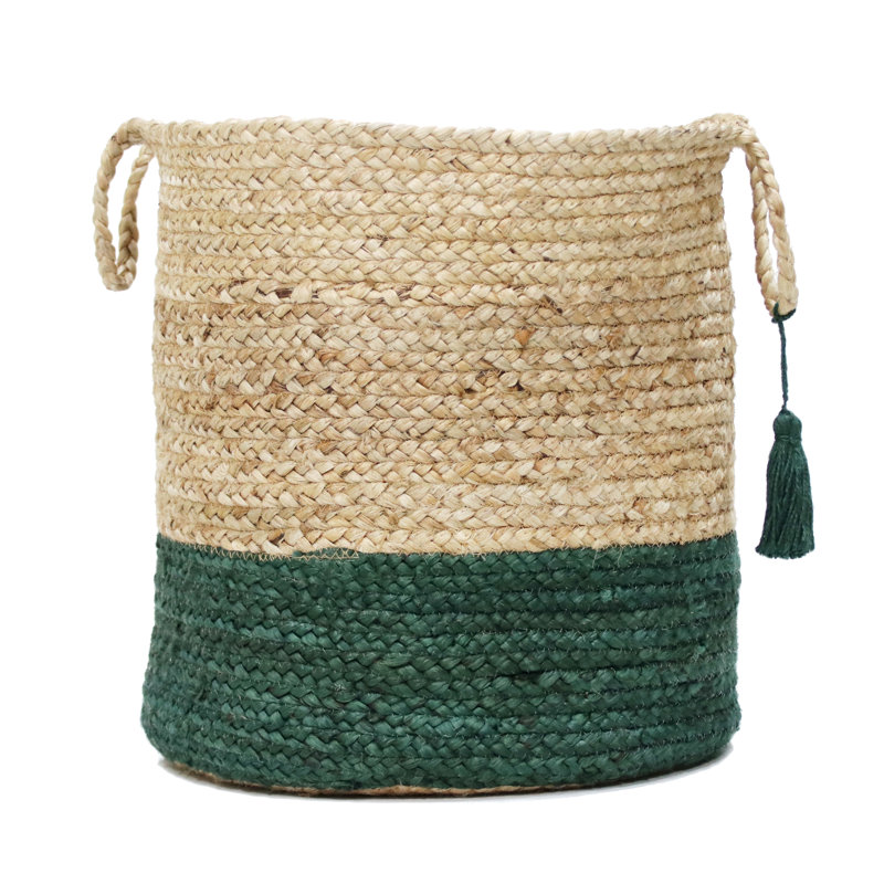 Handmade Round Natural Jute Storage Basket with Green Stripe