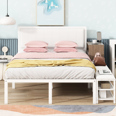 Full Metal Platform Bed With Storage, Wooden Cabinet, In White Hue Fashionable Look
