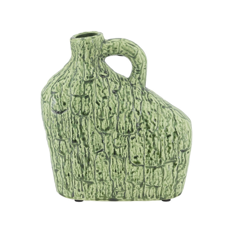 Vase en céramique vert 8,1 x 3,1 x 8,3 po avec poignée et texture organique