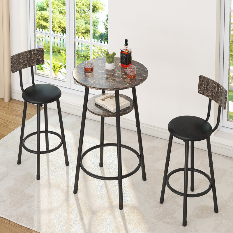 3-Piece Bar Table Set For 2, Small 2-Tier Round Bistro Pub Dining Table & PU Upholstered Stools With Backrest, Black, Black
