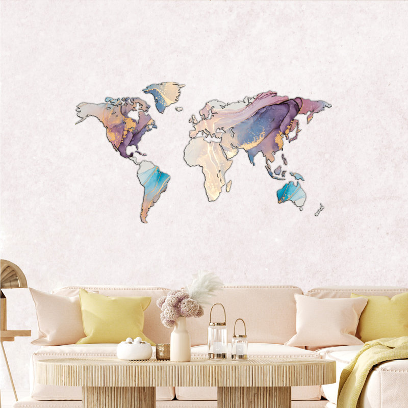 Giallobus - Mappa Del Mondo- Decorazione Da Parete In Legno MDF - Quadri Moderni Soggiorno, 72cm H x 130cm W, Dark Blue