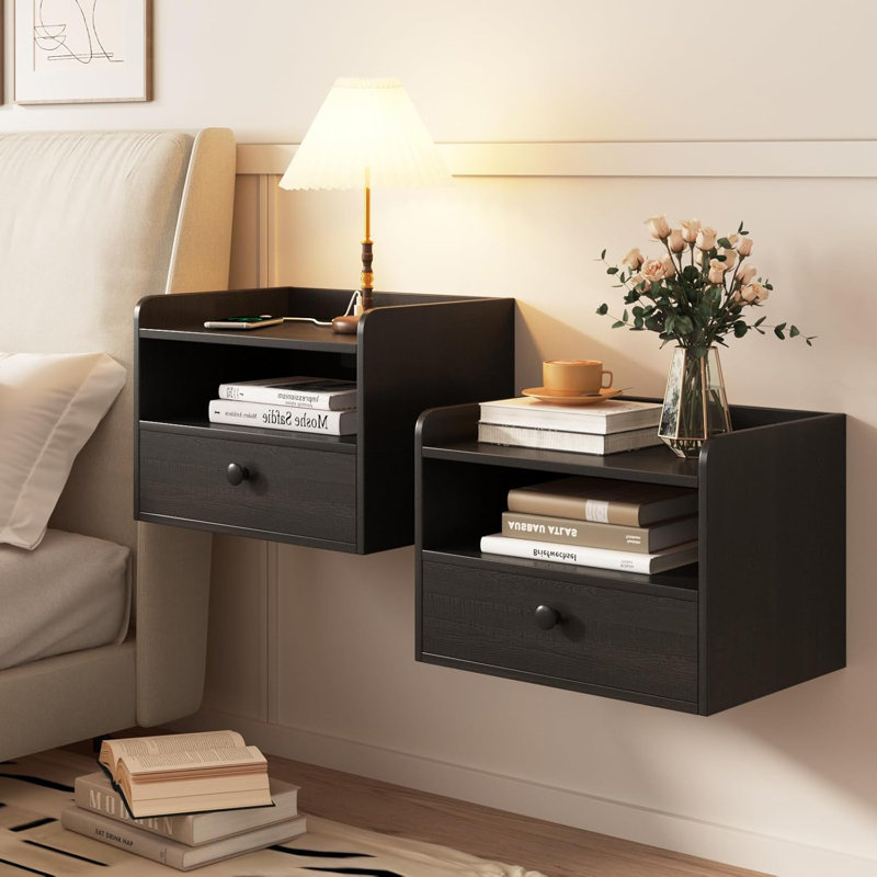 Floating Nightstand Set of 2 Modern Night Stands with Drawer and Open Shelf Cubby Small Bedside End Table, Black