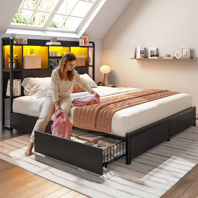 Haut cadre de lit grand avec 4 tiroirs de rangement et charge USB intégrée, éclairage à DEL réglable, noir, Noir, Grand lit