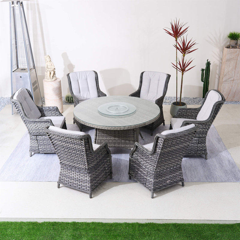 Ravenna 7-piece Outdoor Dining Set With Round Table Pe Wicker And Cushions, Gray