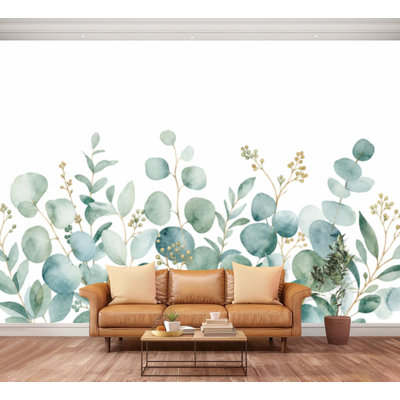 Murale Peler et coller vert eucalyptus floral simple rustique naturel tendance rétro vintage grand papier peint autocollant amovible papier contact mural pour le salon chambre à coucher chambre de bébé H 69 po x l 96 po
