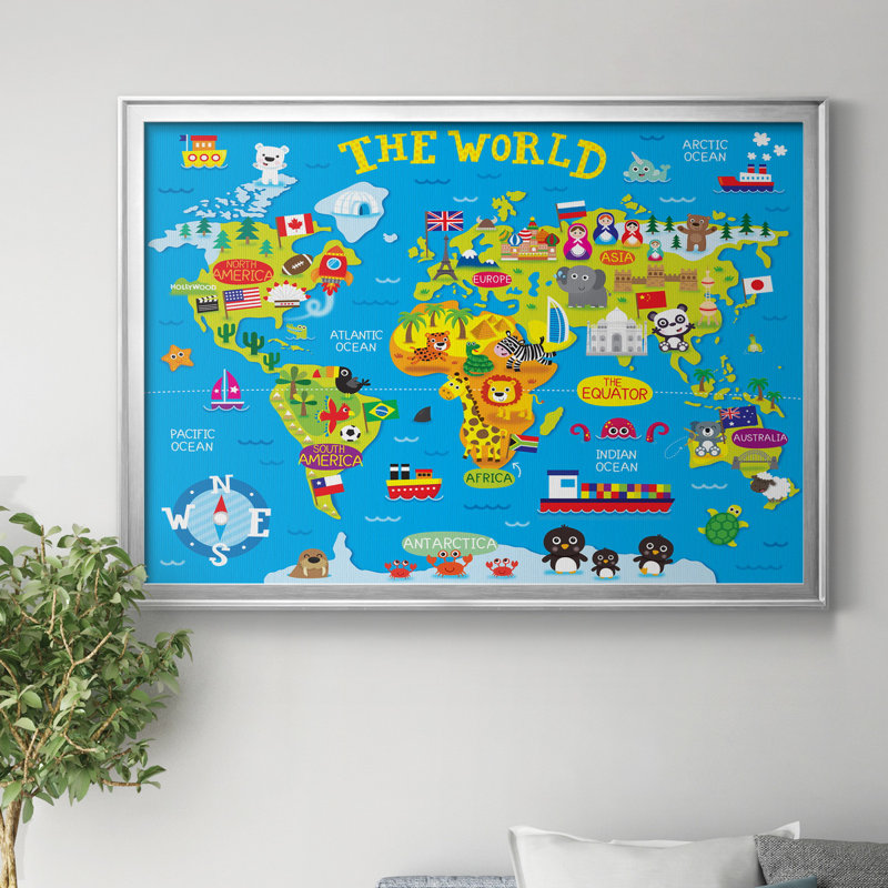 Carte du monde - cadre photo, impression sur toile, Argent, H 26,5 po x l 36,5 po x P 1,5 po