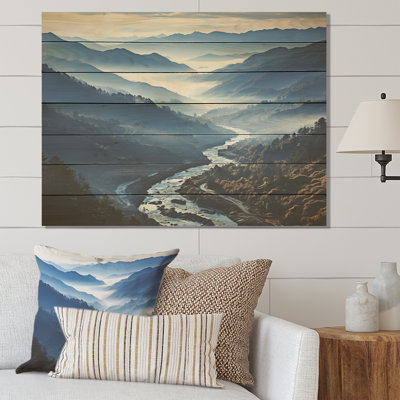 «Blue and White Mountain Majesty Panorama I - Landscape Mountains on Wood Print»