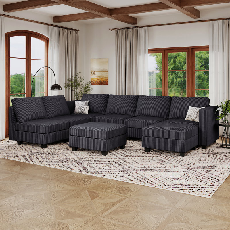 Ozeal Large U-Shaped Corduroy Sectional Modular Sofa Livingroom Storage Couch With Ottomans, Convertible Large Sofa Bed 8 ottomans Sleeper