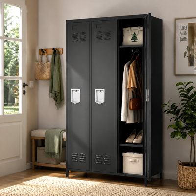Armoire de rangement noire en métal à 3 portes de 72 pouces de hauteur avec serrure et clé, armoire de rangement ventilée à 3 niveaux avec 5 crochets intégrés, casier en acier laminé à froid pour le bureau de gym à domicile et le garage scolaire, conception autoportante renforcée anti-basculement