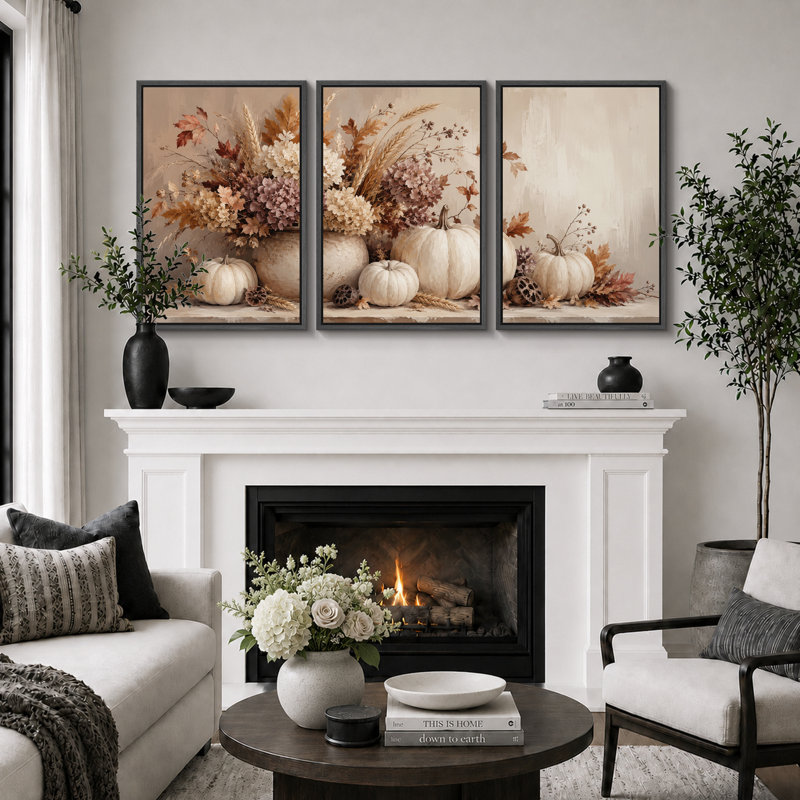 Nature morte florale aux tons neutres de citrouille, tableau pour salle à manger, impression giclée sur toile encadrée en 2 pièces - 40,6 x 61 cm (16 x 24 pouces)