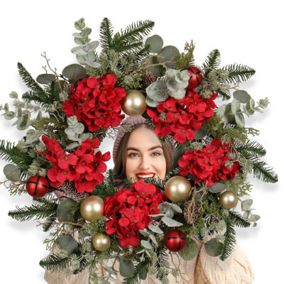 22" Artificial Holiday Wreath with Red Hydrangea, Pine Needles, Flocked Eucalyptus Leaves, Gold Baubles