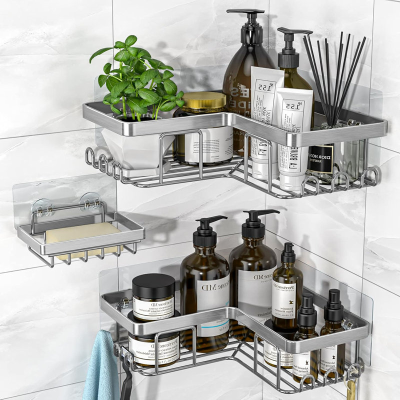 Serviteur de douche de coin avec porte-savon et 12 crochets, organisateur de salle de bain en acier inoxydable antirouille