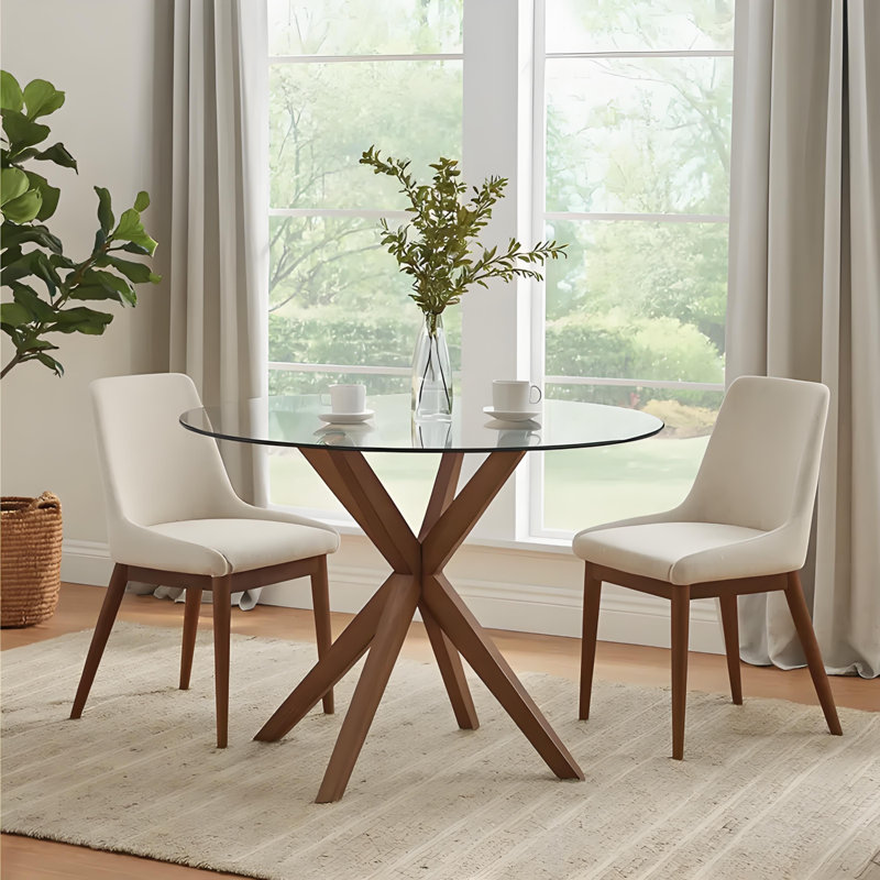Delone Round Glass Top Solid Wood Base Dining Table