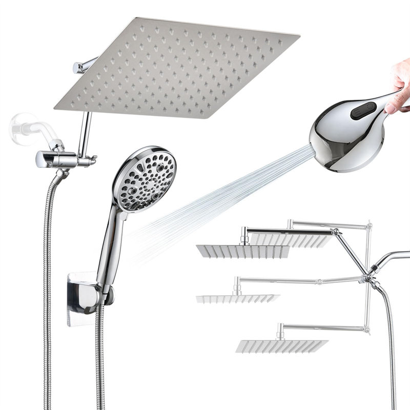 12’’ Dual Rainfall Shower System – 10-Spray High-Pressure Handheld Combo With 16’’ Adjustable Arm & Brass Diverter, Chrome