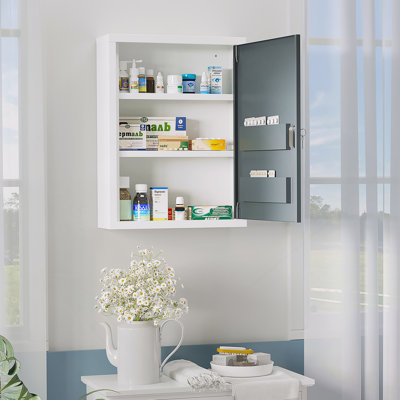 Armoire à pharmacie de salle de bain avec tablettes à l'intérieur et sur la porte, armoire médicale verrouillable pour la sécurité des enfants et des animaux de compagnie, armoire murale de premiers soins pour salle de bain, blanc et gris
