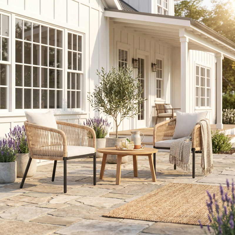 Chaises de salle à manger d'extérieur en PE avec coussins 2 pièces, Coussin beige / accoudoir naturel