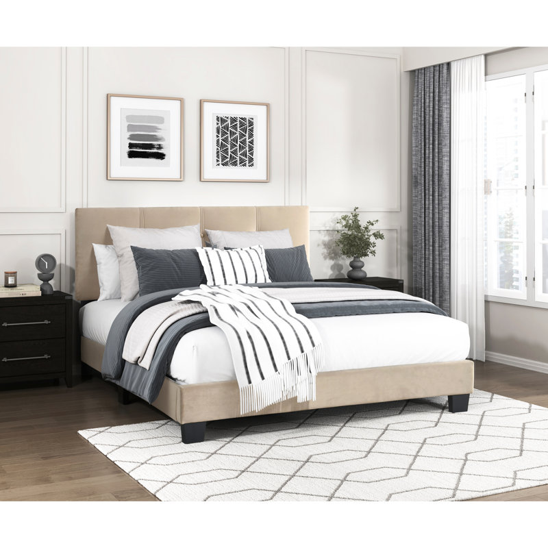 Lit plateforme tapissier en velours brun avec tête de lit ajustable et option, Full, Light Brown