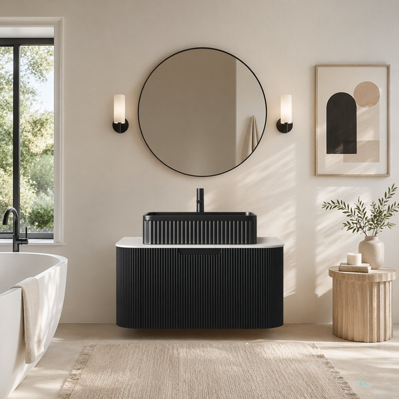 Meuble-lavabo de salle de bain 30 po avec lavabo, lavabo à fixation murale à bords arrondis flottants avec lavabo à tiroir rectangulaire en céramique, sans robinet, pré-assemblé