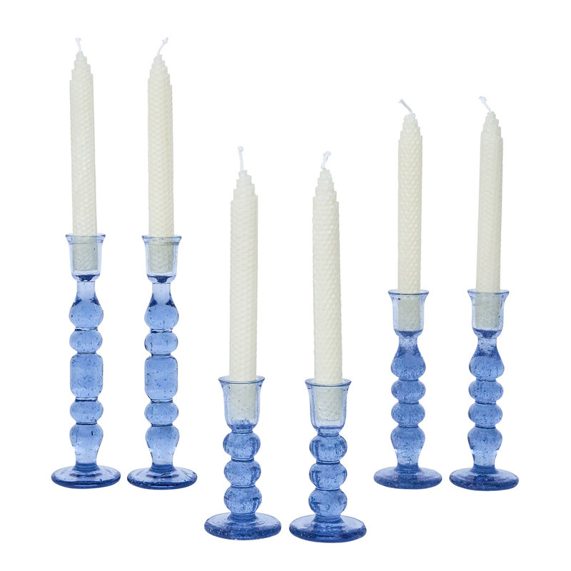 Chambray Blue Glass Hurricane Candlestick Set, 7" Tall