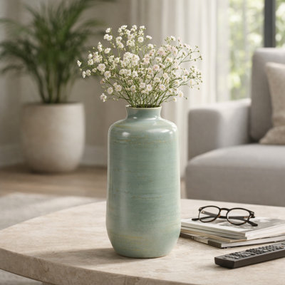 Contemporary Round Pottery Flower Vase Accent for Table Decor - Minimalist Tall Vase Accent for Living Room, Shelf, and Office - Green
