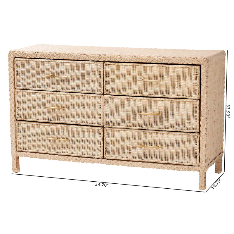 Camodeca Japandi Sun-Bleached Braided Rattan 6-Drawer Dresser