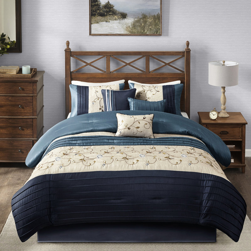 Élégant édredon grand bleu marine 7 pièces - Broderie enflammée beauté brodée, Grand édredon et 6 pièces supplémentaires
