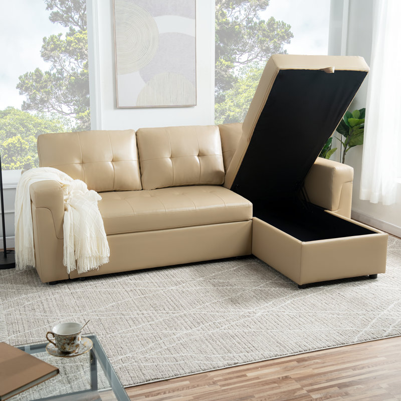 Fane 84" Reversible L-Shaped Sectional Sleeper Sofa Bed, 3 Seater Leather Pull-Out Couch with Storage Chaise, Convertible Sofa for Living Room, Comfort and Extra Space