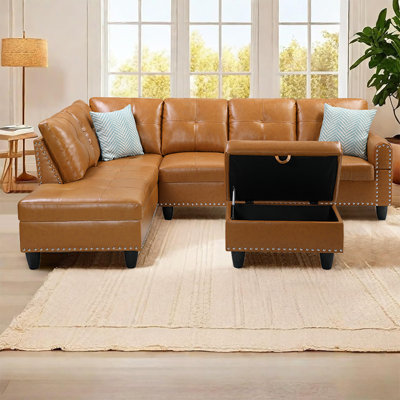 98'' L-Shaped Sectional Sofa Couch With Storage Ottoman,Upholstery Faux Leather Sofa Couch With Cupholder And Nailhead Trim, Two Pillows