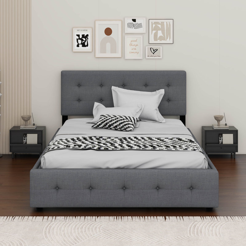 Grand lit plateforme tapissier avec tiroirs et lit gigogne, Gris clair