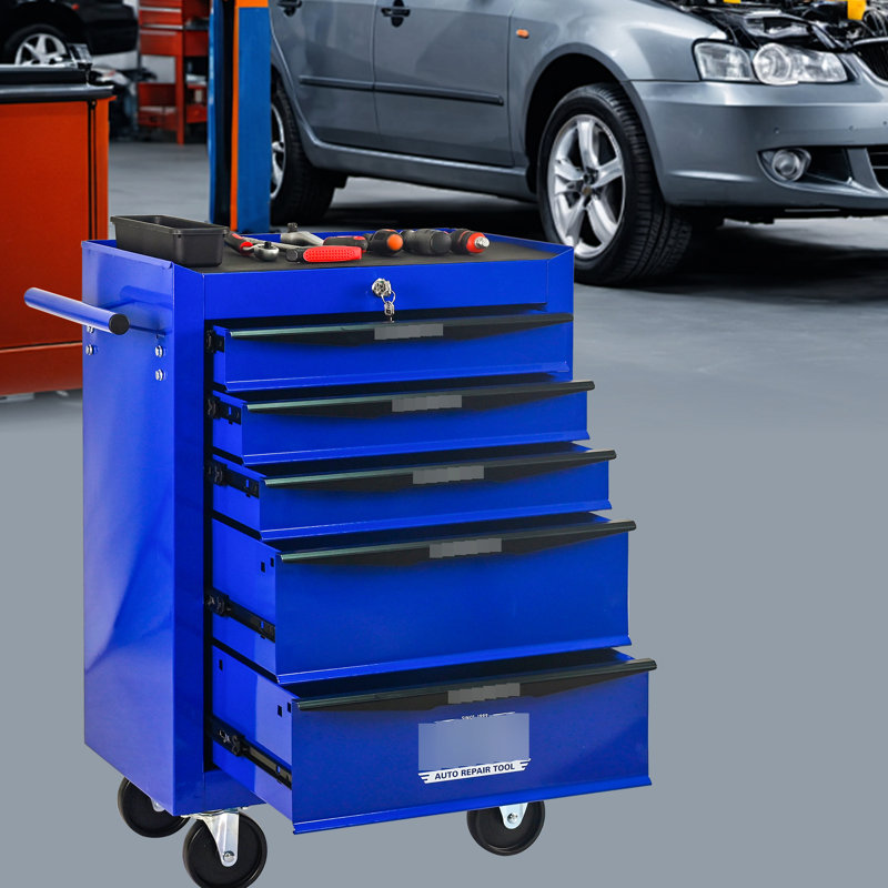 Armoire à outils à 5 tiroirs Rolling, rangement en acier de 20 po, glissières à roulement, 4 Universal 2 avec frein de stationnement, chariot d'apparence attrayant noir et bleu en bleu, coffre, chargement de 15 kg, blocage des roues