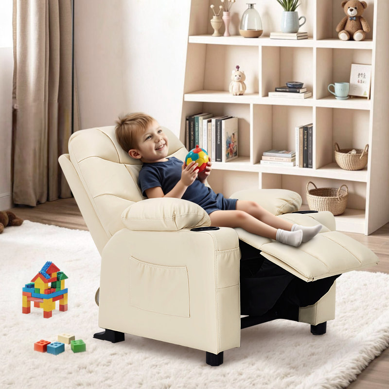 Goggans Kids Recliner with Anti-Tilt, Cup Holder, Cream White