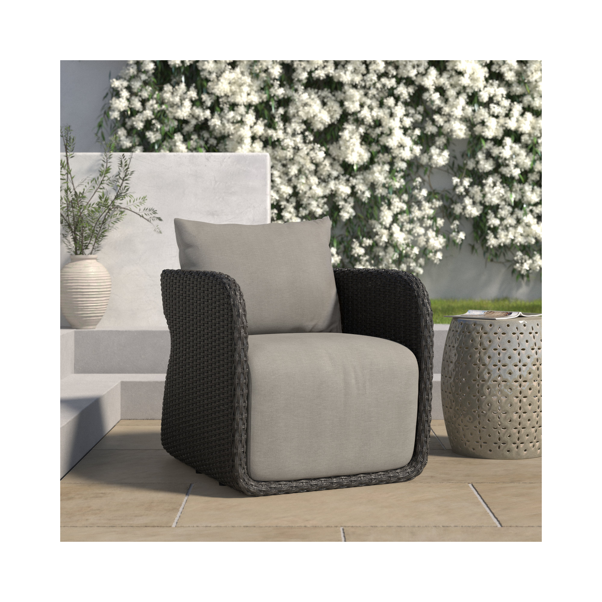 Poillucci Swivel Wicker Outdoor Lounge Chair, Venao Charcoal, Olefin, Vingtage Coal