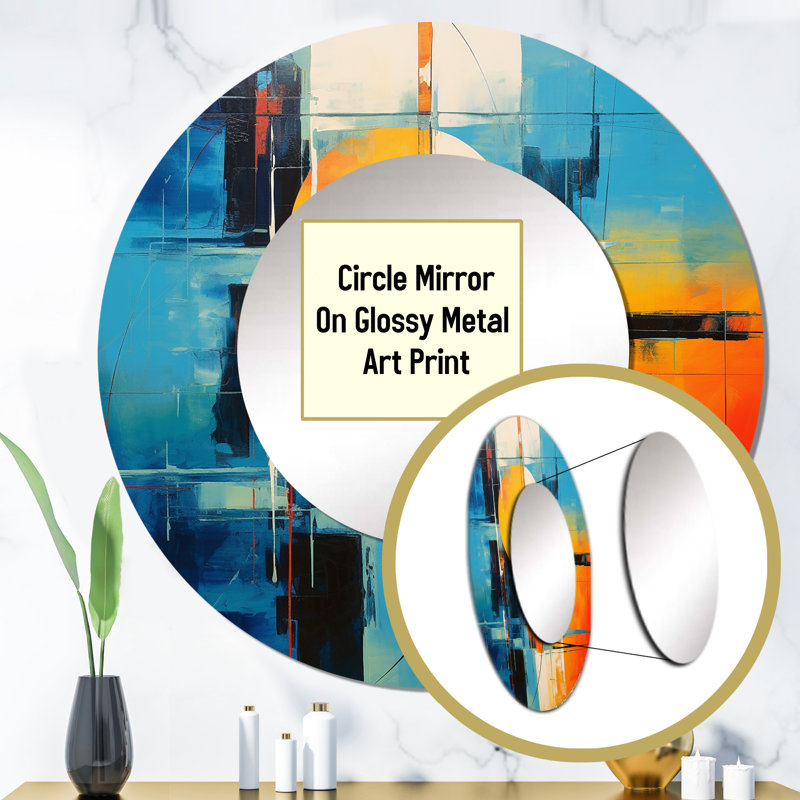 Blue Orange Mid Century Abstract Reflections I - Midcentury Modern Decorative Mirror, Blue Large Round Wall Mirror, Printed Metal Art