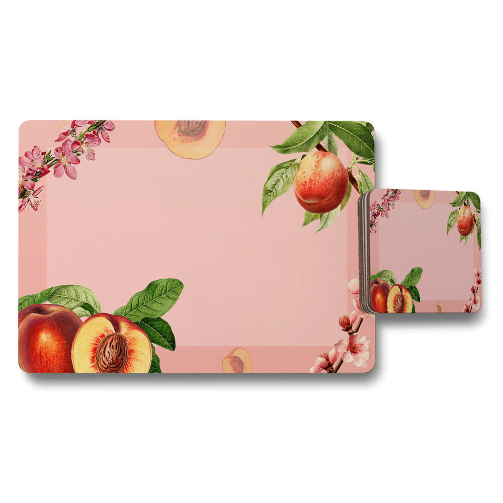 Peach Floral Placemat And Coaster Set Pink Background