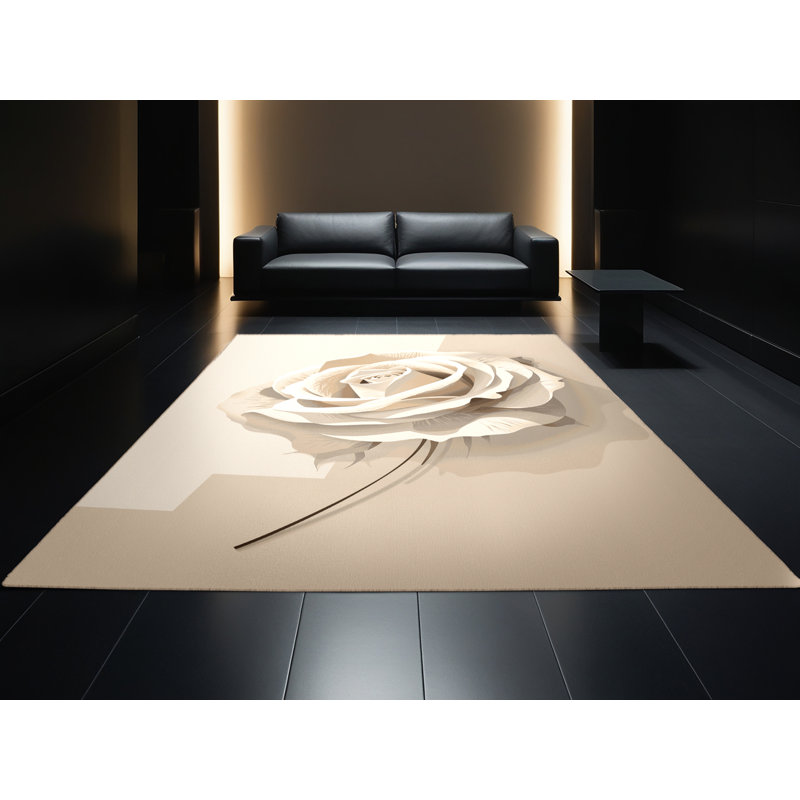 Machine Washable Orlandra White Rose Minimalist Solid Color Rug in Beige – Beige Binding, 7x9