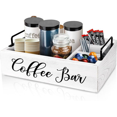 Accessoires de support de barre de café en bois pour station de café, comptoir, panier de rangement Kcup avec poignée - blanc
