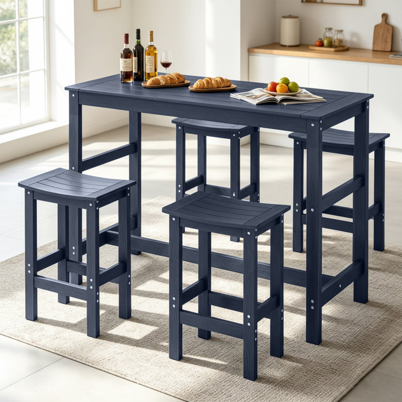 Ensemble de bar extérieur 5 pièces en PEHD pour 4 personnes - 4 tabourets et 1 table rectangulaire, toutes saisons pour la piscine, le jardin ou le balcon