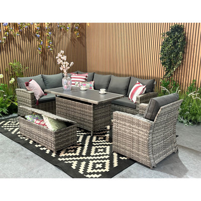 Rosen 9 Seater Aluminium Dining Table Top With Storage Bench And Armchair And Furniture Cover