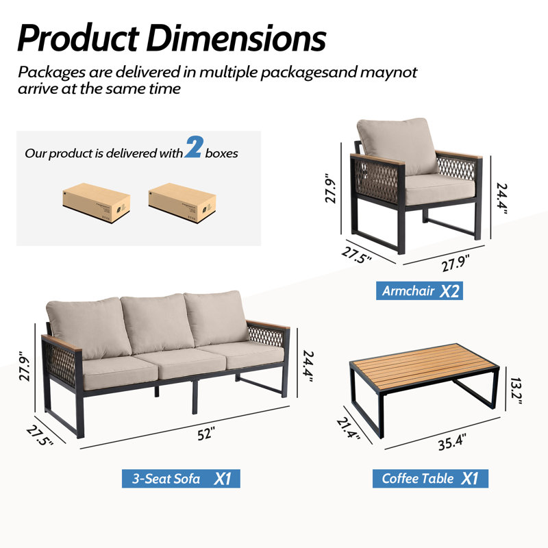 Canapé de patio droit pour 5 personnes avec coussin résistant aux intempéries, Beige