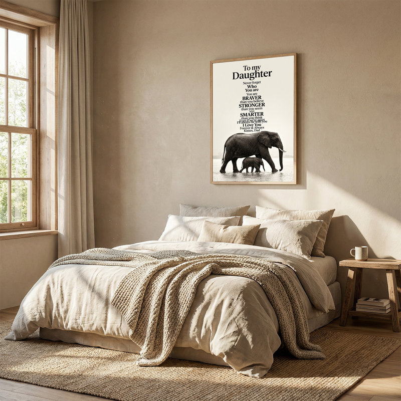 Tableau sur toile représentant un éléphant et son petit sous la pluie, en noir et blanc, H 24 po x l 18 po