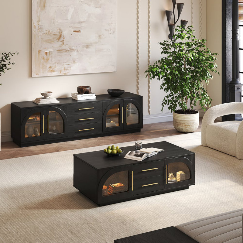 Arune 72" Arched Glass Doors TV Stand With Storage And LED, Black