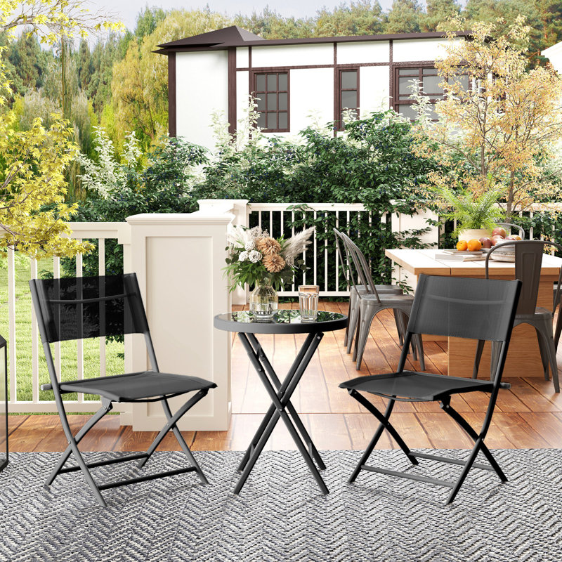 Outsunny 3 Pieces Outdoor Bistro Set Glass Top Table 2 Folding Chairs Black