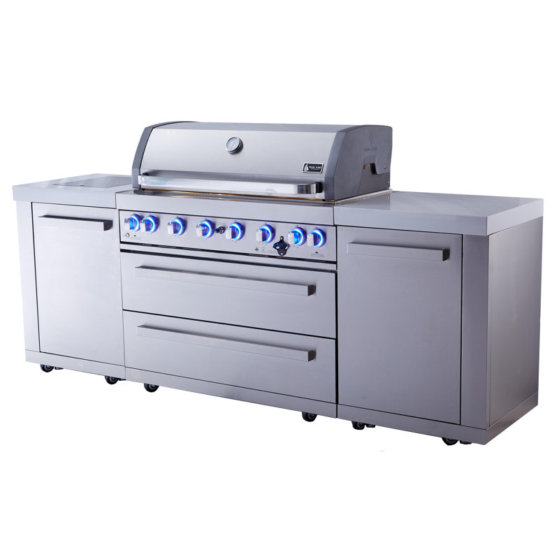 Îlot de cuisine d'extérieur en acier inoxydable de qualité supérieure L 94 po x P 23 po x H 46 po avec brûleur latéral infrarouge + barbecue à 6 brûleurs de 44 po + brûleur de rôtisserie + comptoirs en granite + armoires et tiroirs de rangement + convertible au gaz naturel + à vie Mont Monti Garantie
