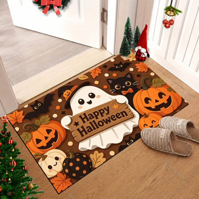 Halloween Non-Slip Indoor Outdoor Door Mat, 20"x32",Happy Halloween Ghost
