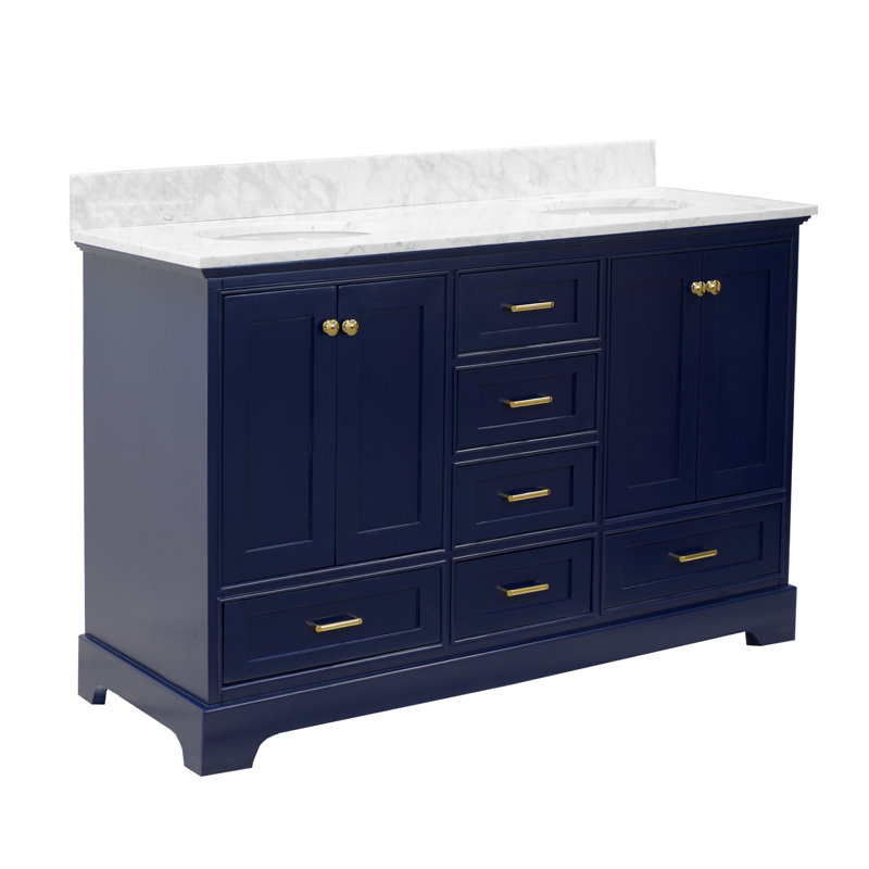 Ensemble de meuble-lavabo double 60 po Larosa, Marbre de Carrare, Bleu royal