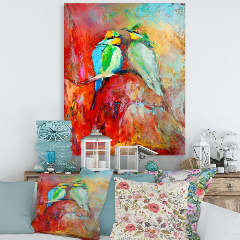 «Blue Tailed Bee Eaters on a Branch», peinture sur toile, H 40 po x l 30 po x 1,5 po, Toile tendue