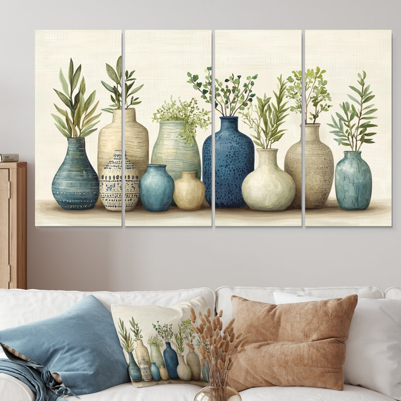 Ensemble de salon art mural vert et orange Boho Pottery II - Boho Pottery, H 32 po x l 64 po