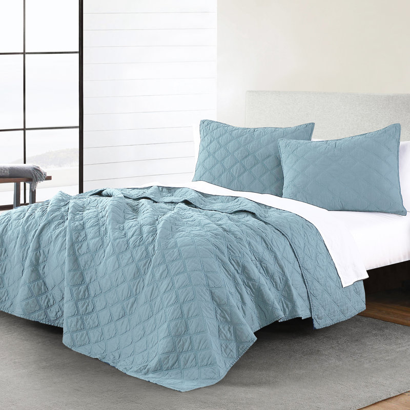 Twin Light Aqua Cotton Diamond Quilt Set